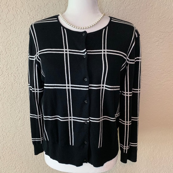 Chaps Sweaters - Chaps by Ralph Lauren Black & White Windowpane Pattern Cropped Cardigan Sweater